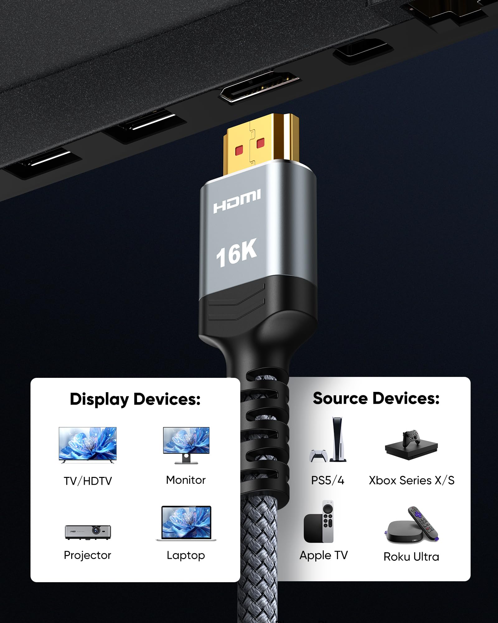 Highwings 16K 4K 480Hz hdmi 2.2 Cable, 96Gbps Ultra HD HDMI to HD by Highwings - Angle View 9