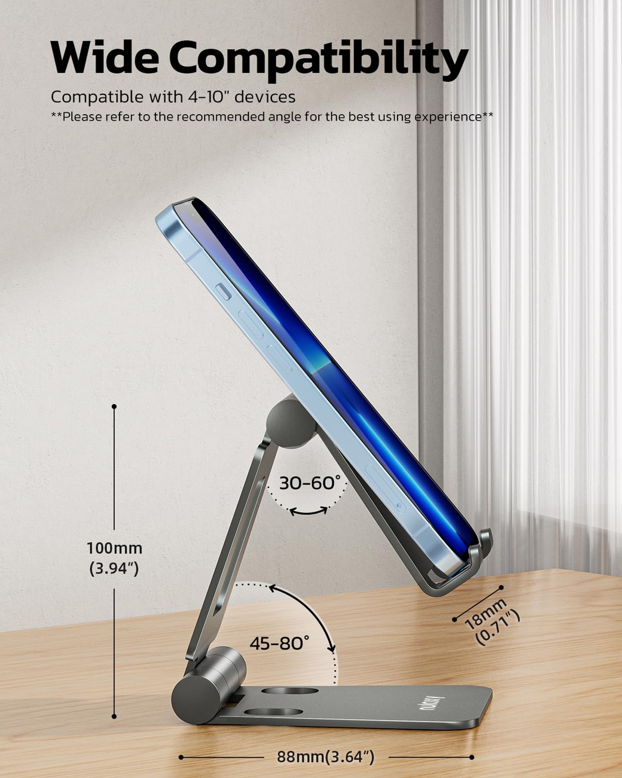 Nulaxy Full Aluminum Dual Folding Cell Phone Stand for Desk, Gray - View 3