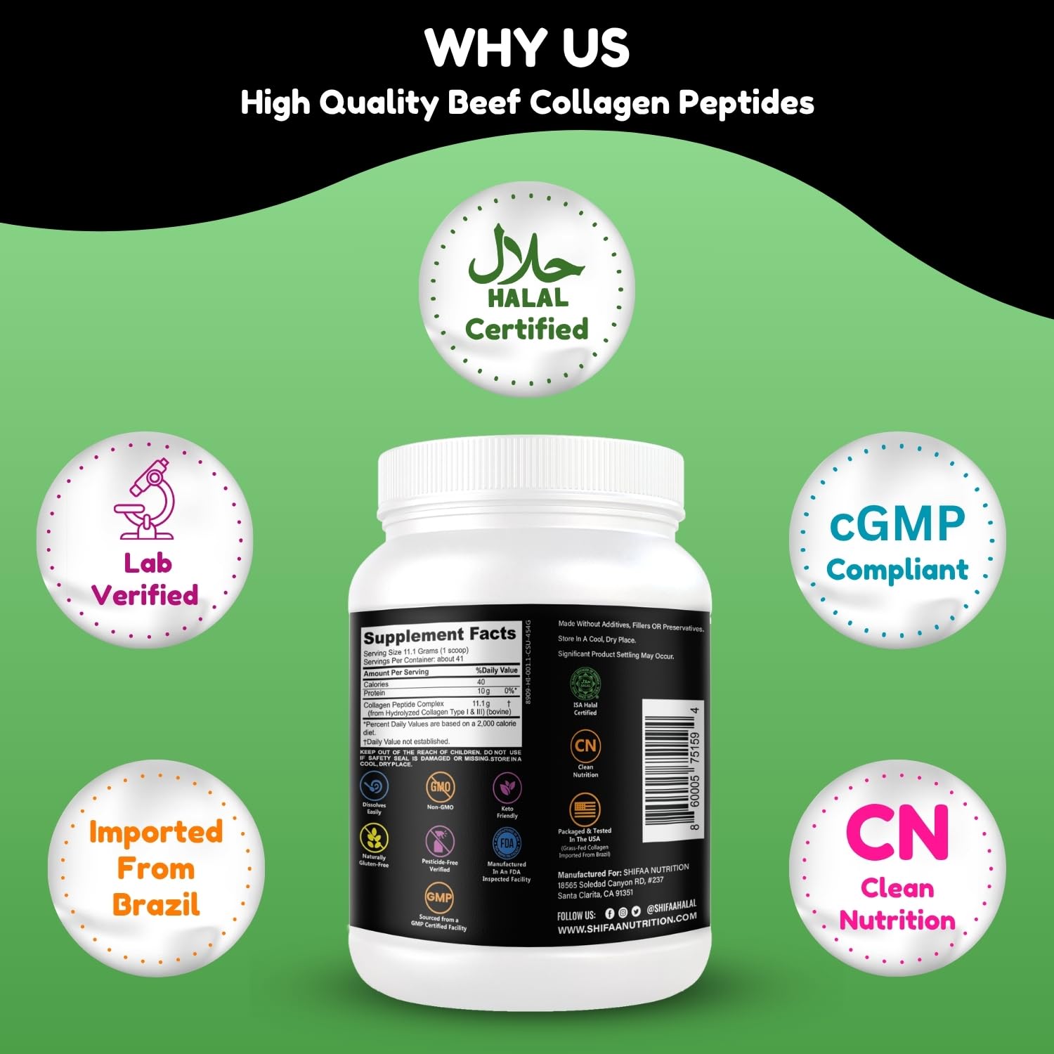Halal Grass Fed Collagen Peptides Powder 1LB Tub Unflavored - SHIFAA NUTRITION Official Imagery - 8
