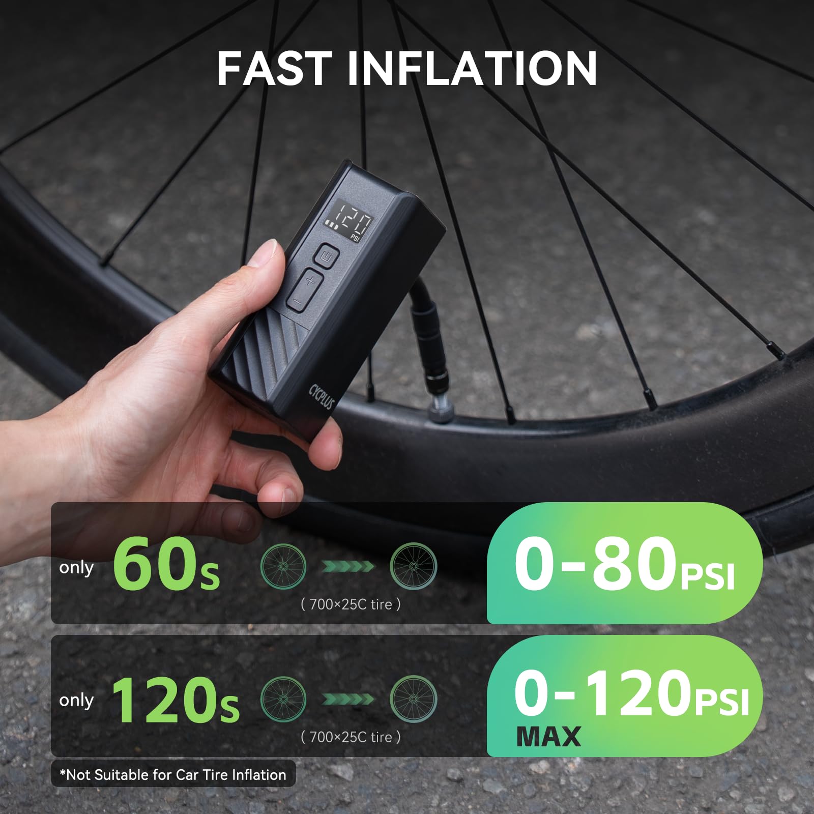 CYCPLUS Electric Bike Pump, A3Mini, 120 PSI, Brushless Motor, with Display