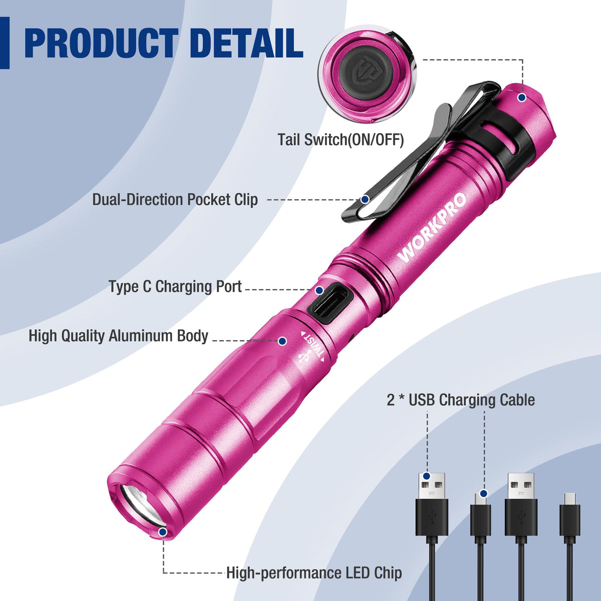 WORKPRO Rechargeable Pen Light 2 Pack Mini Flashlight Pink - WORKPRO Official Imagery - 8