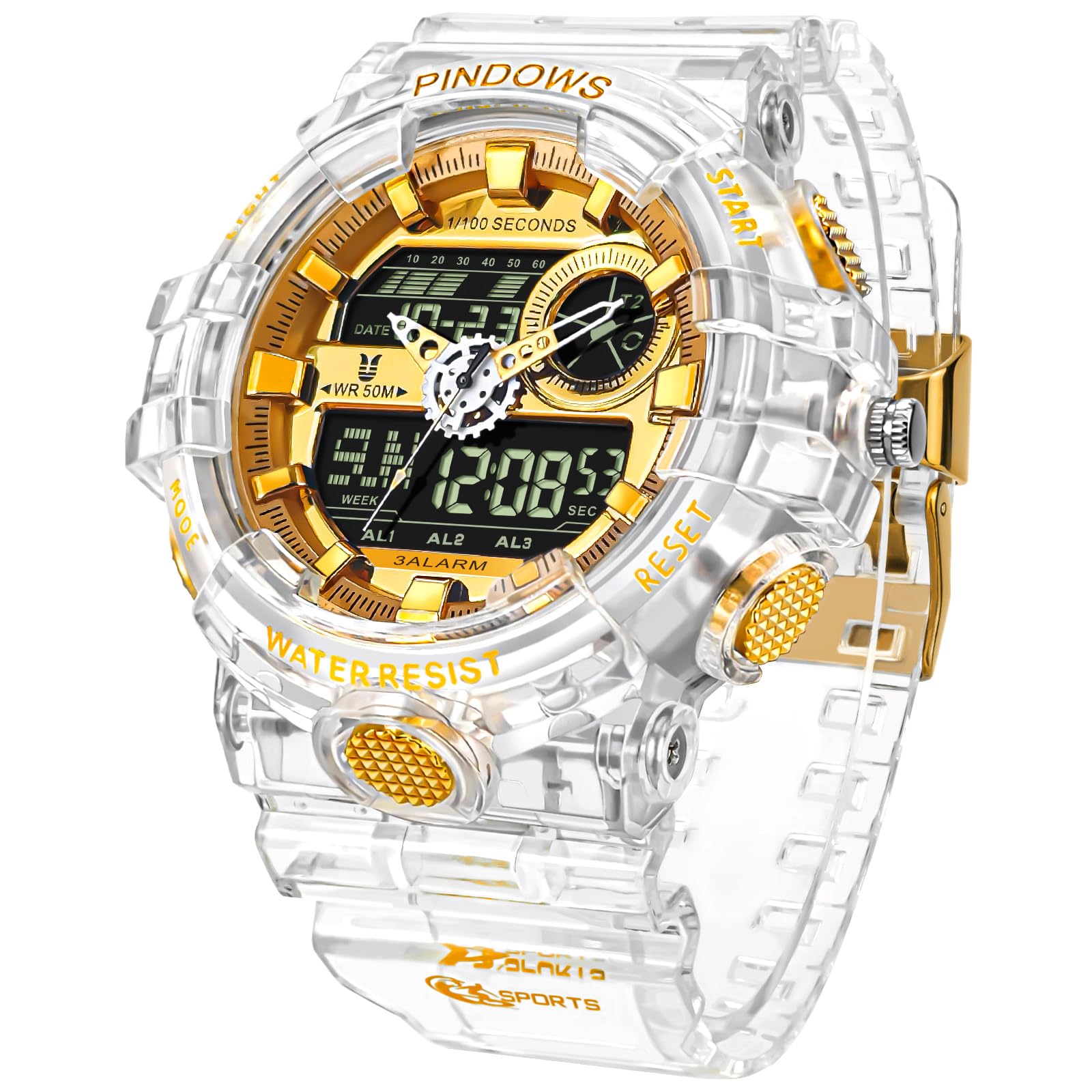 PINDOWS Analog Digital Watch for Men, Clear and Gold, 50M Water - Product Imagery