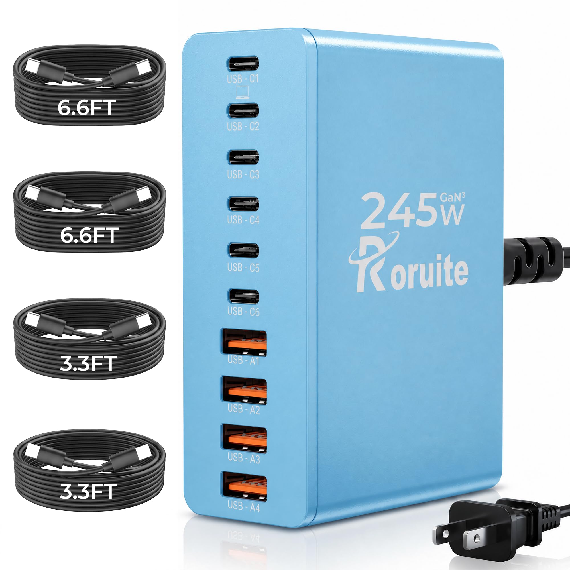 Roruite USB C Charging Station 10 Port with 4 Cables,245W GaN Cha by Roruite - Angle View 8