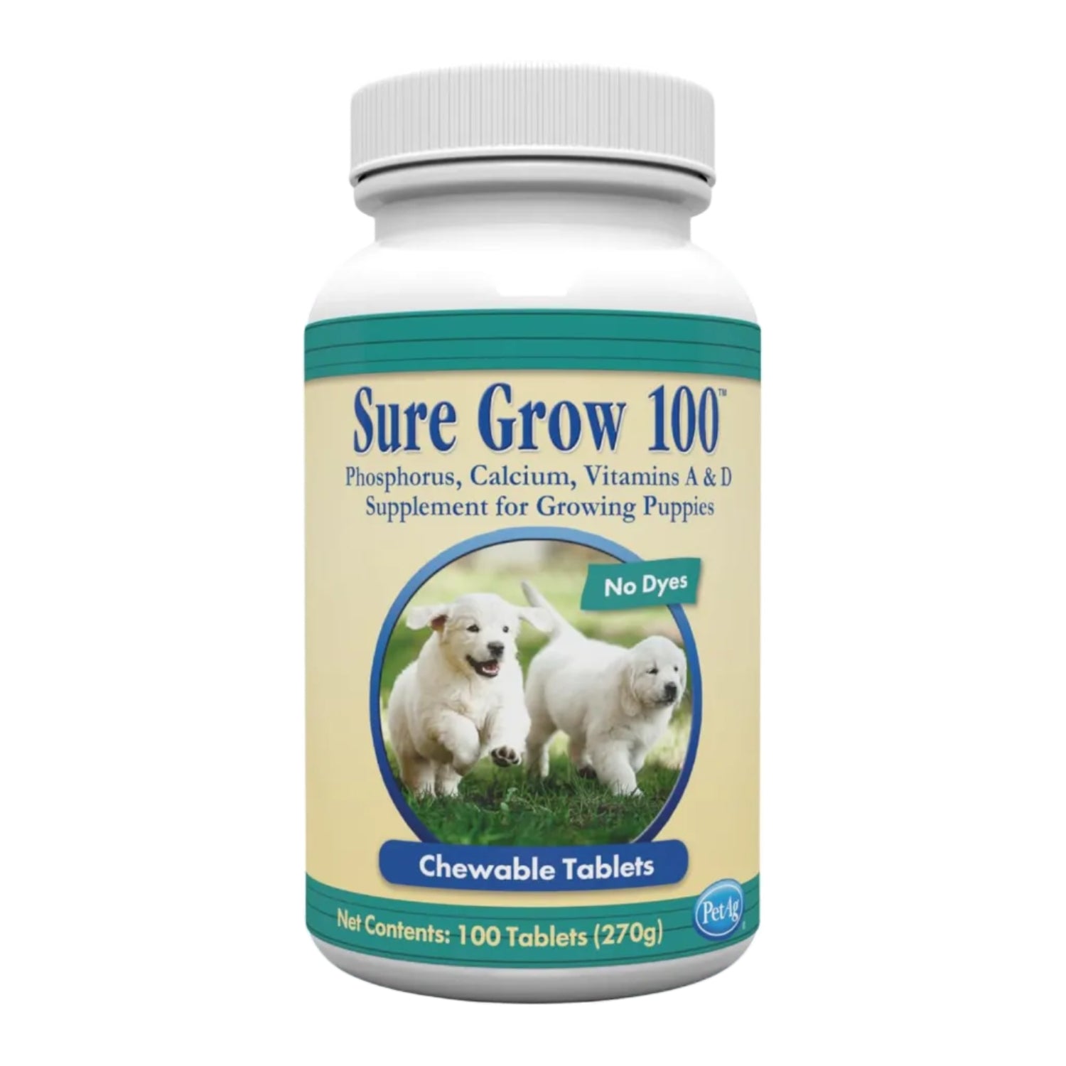 PetAg Sure Grow 100 chewable tablets for puppies with vitamins A and D, promoting healthy bone development in young dogs.