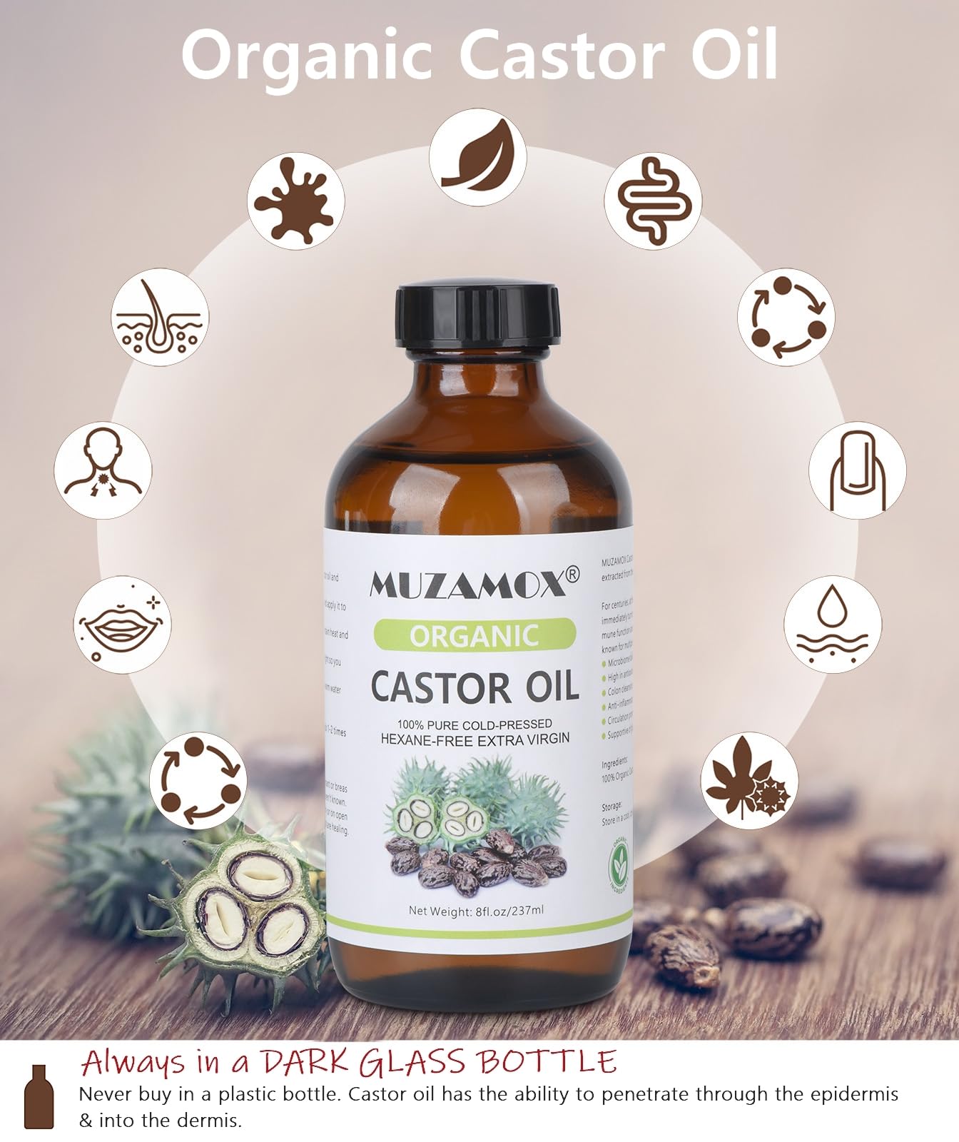 MUZAMOX Castor Oil Pack Wrap 8fl oz Glass Bottle Set Organic - MUZAMOX Official Imagery - 3