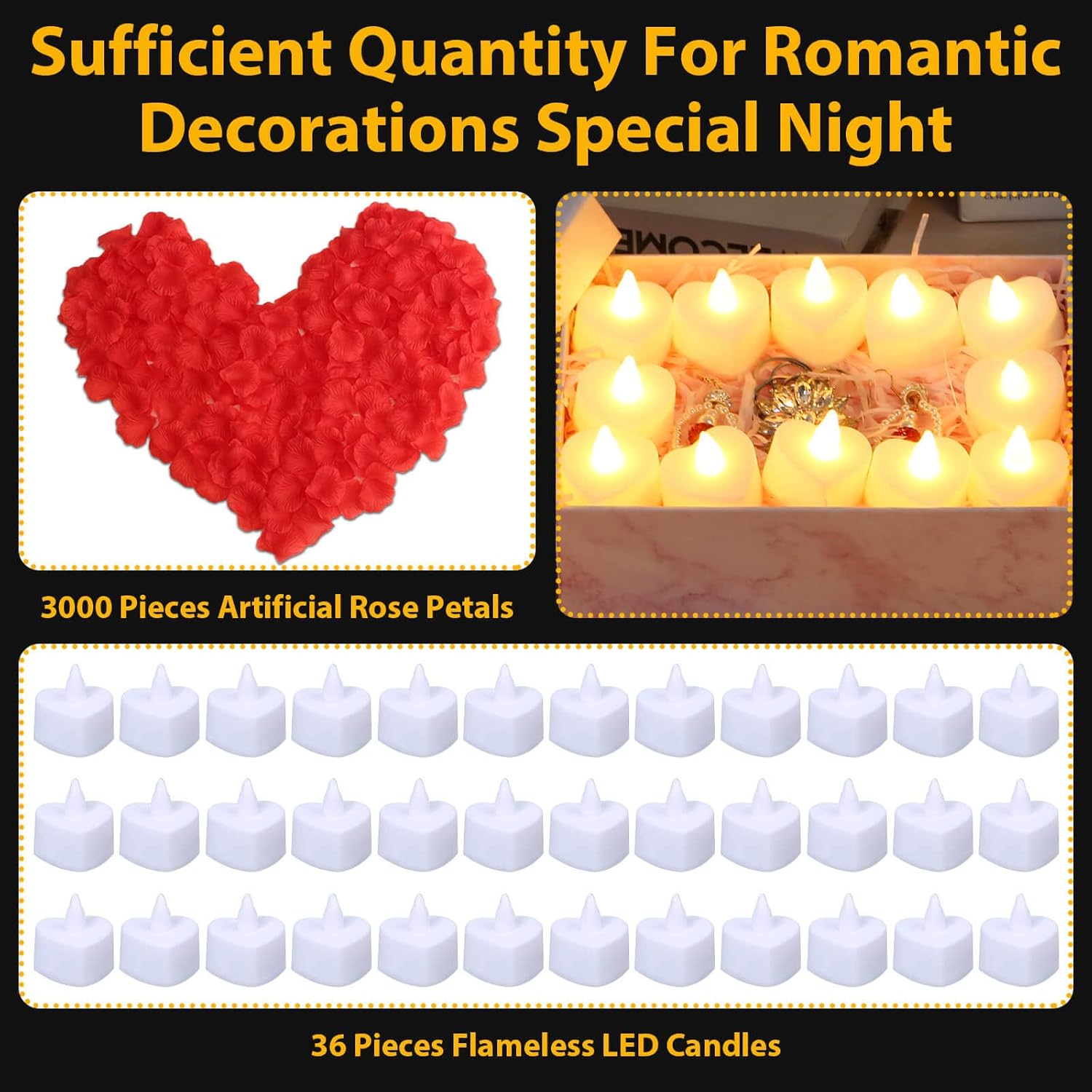 Caffox 3000-piece rose petals and 36 LED tea light candles set, perfect for romantic decor and special occasions.