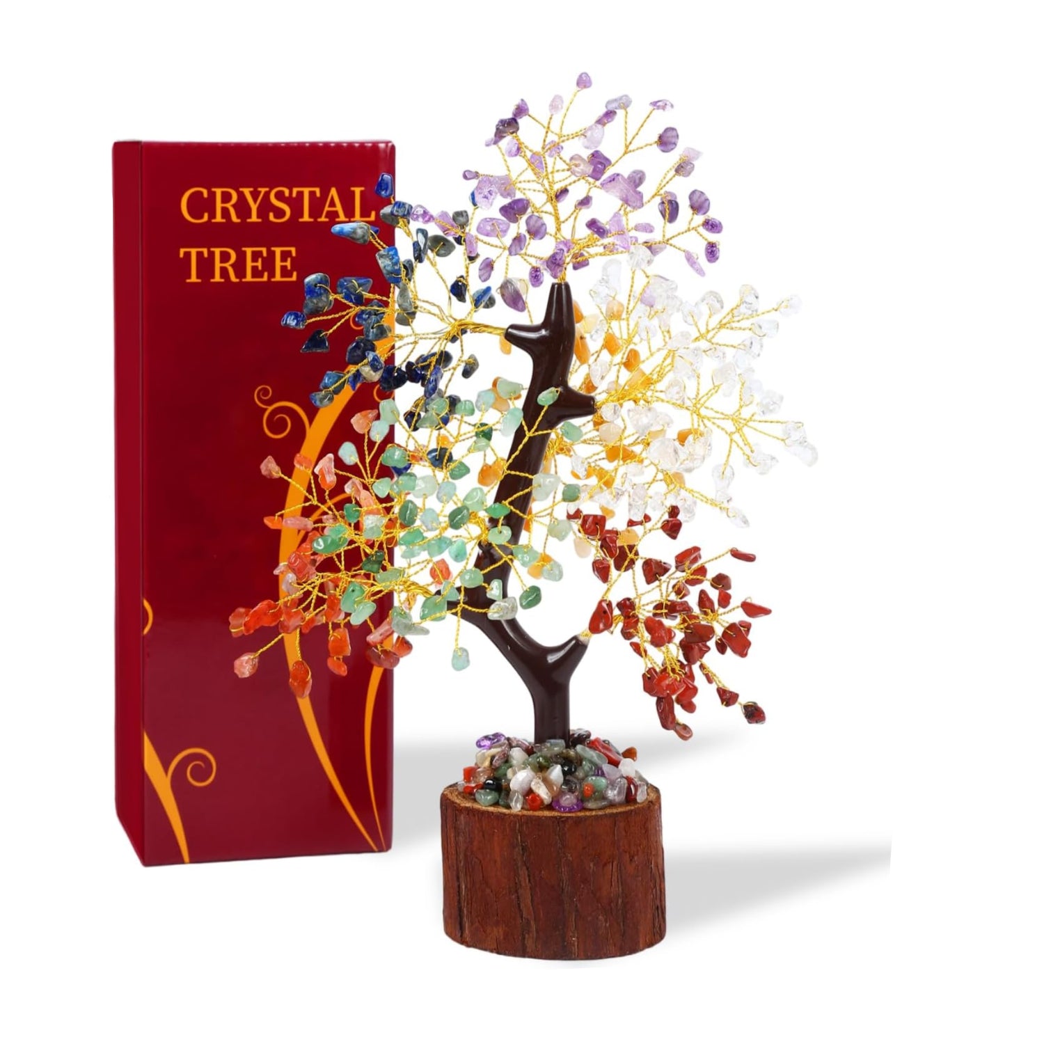 Crystal Tree of Life with Chakra Stones, healing crystal decor for desk or home, featuring colorful gemstone leaves and a wooden base.