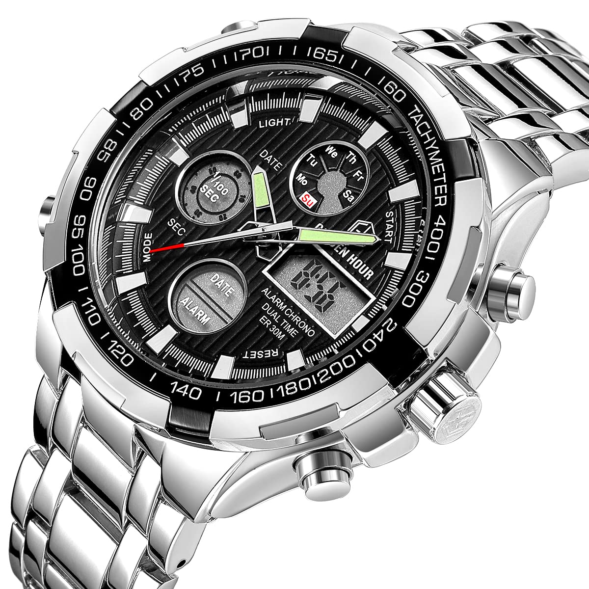 GOLDEN HOUR Men's Sport Analog Digital Watch Silver