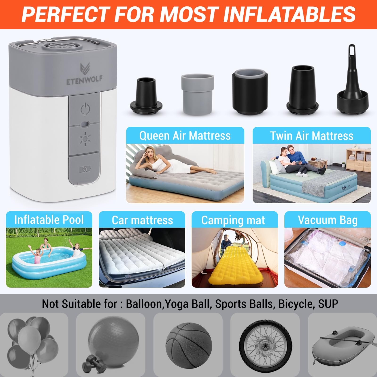 ETENWOLF Air Pump for Inflatables with 10400 mAh Battery & Camping Lig - View 5