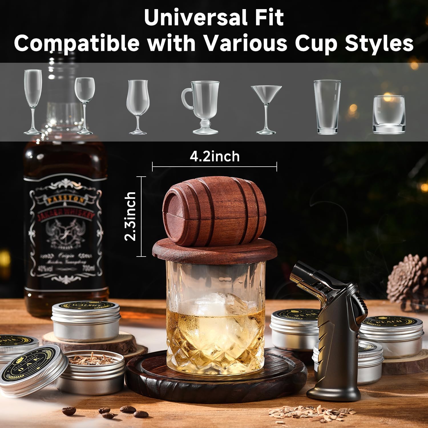 ComboJoy whiskey smoker kit with torch, six wood chip flavors, two glasses, and two ice ball molds for smoky whiskey experiences.