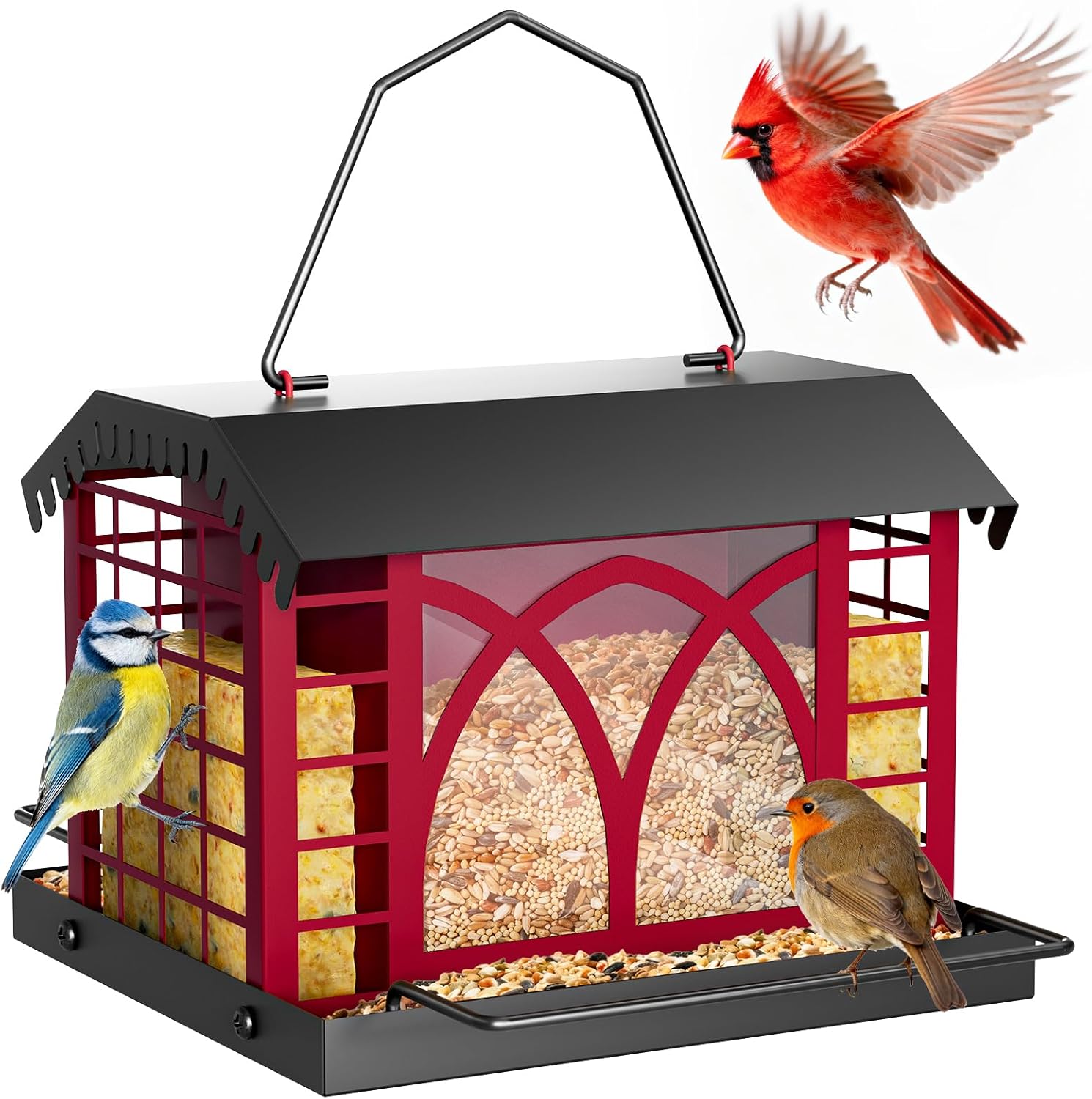 Grete Gotye outdoor hanging metal bird feeder with double suet cages, designed for attracting various wild birds