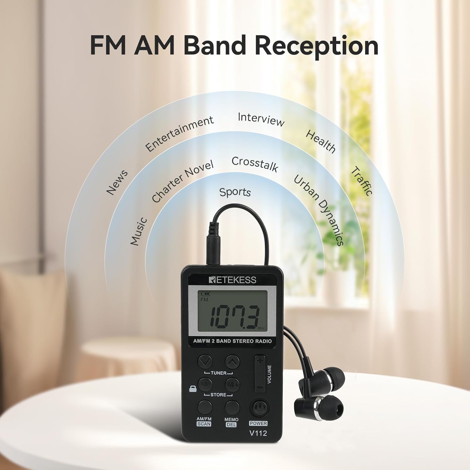 Retekess V112 AM FM digital pocket radio with LCD display, earphone, rechargeable battery, black color, suited for walking or jogging.