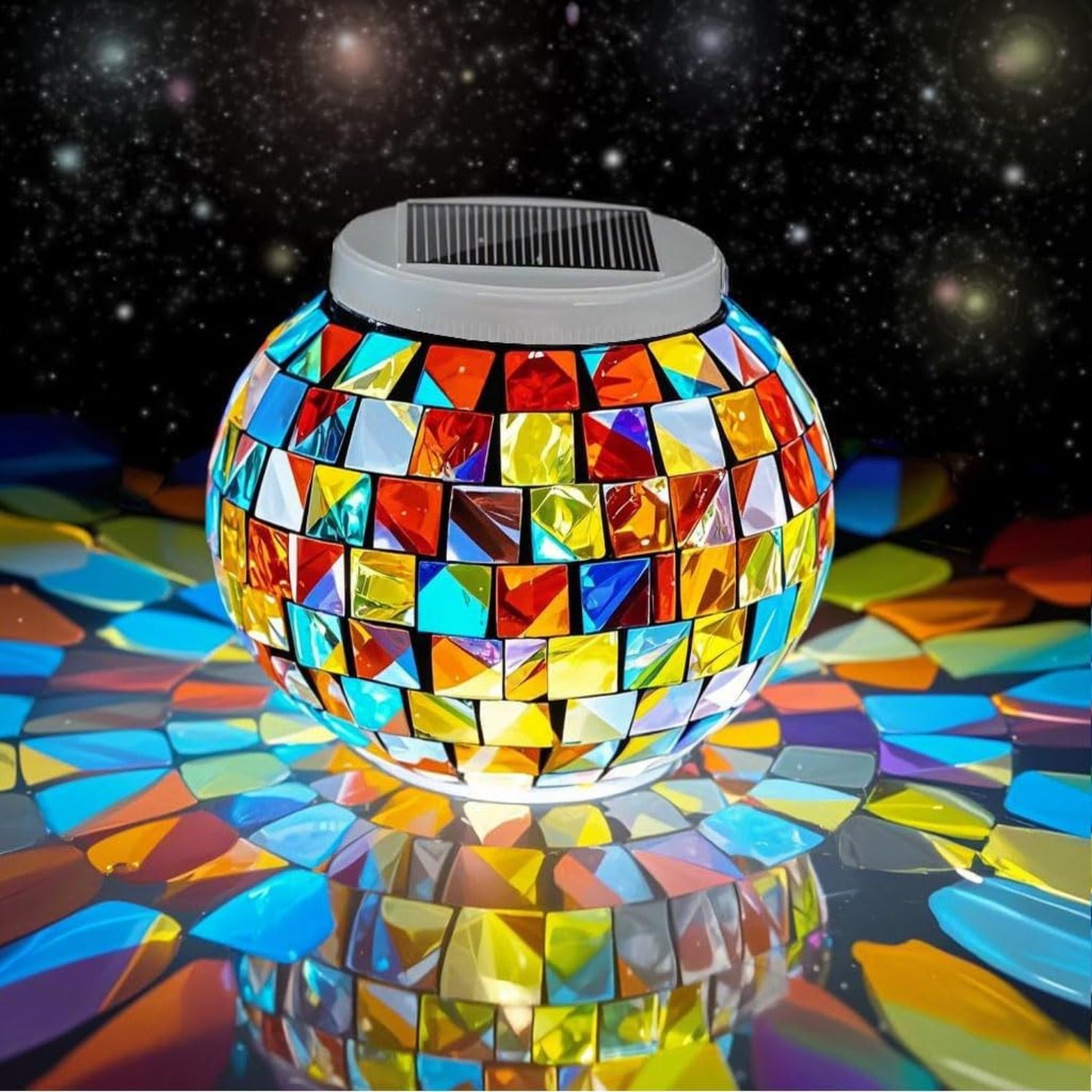 Aukora color-changing solar-powered glass ball garden light on a table, glowing with vibrant colors in an outdoor setting.