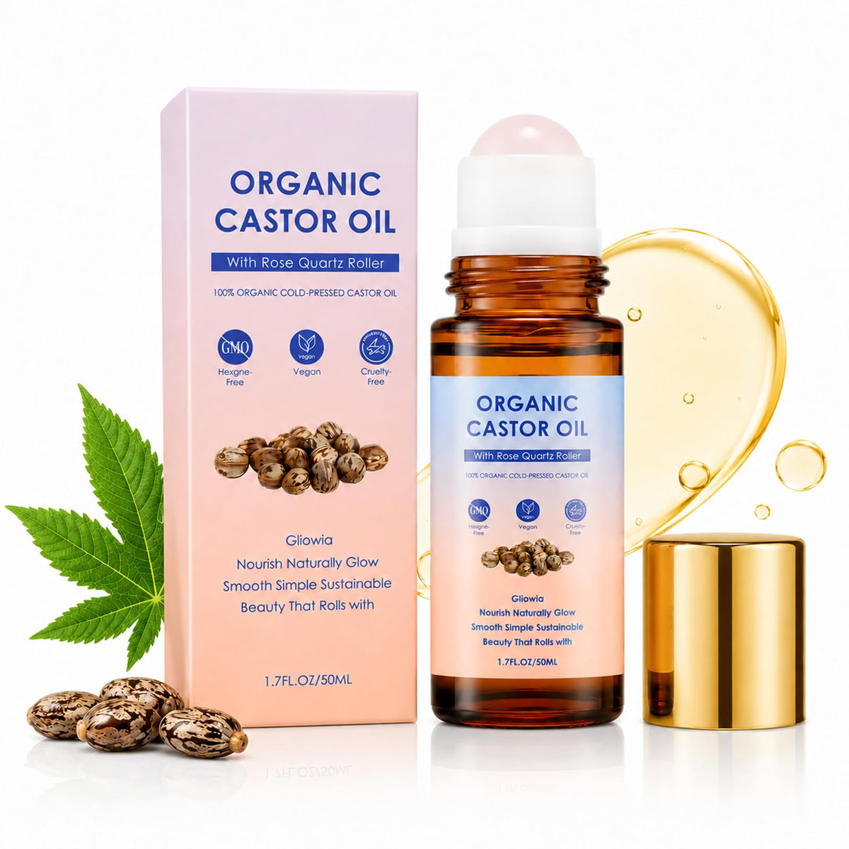 Organic Castor Oil Roll On with Rose Quartz Roller - NATUSOOTH Official Imagery - 2