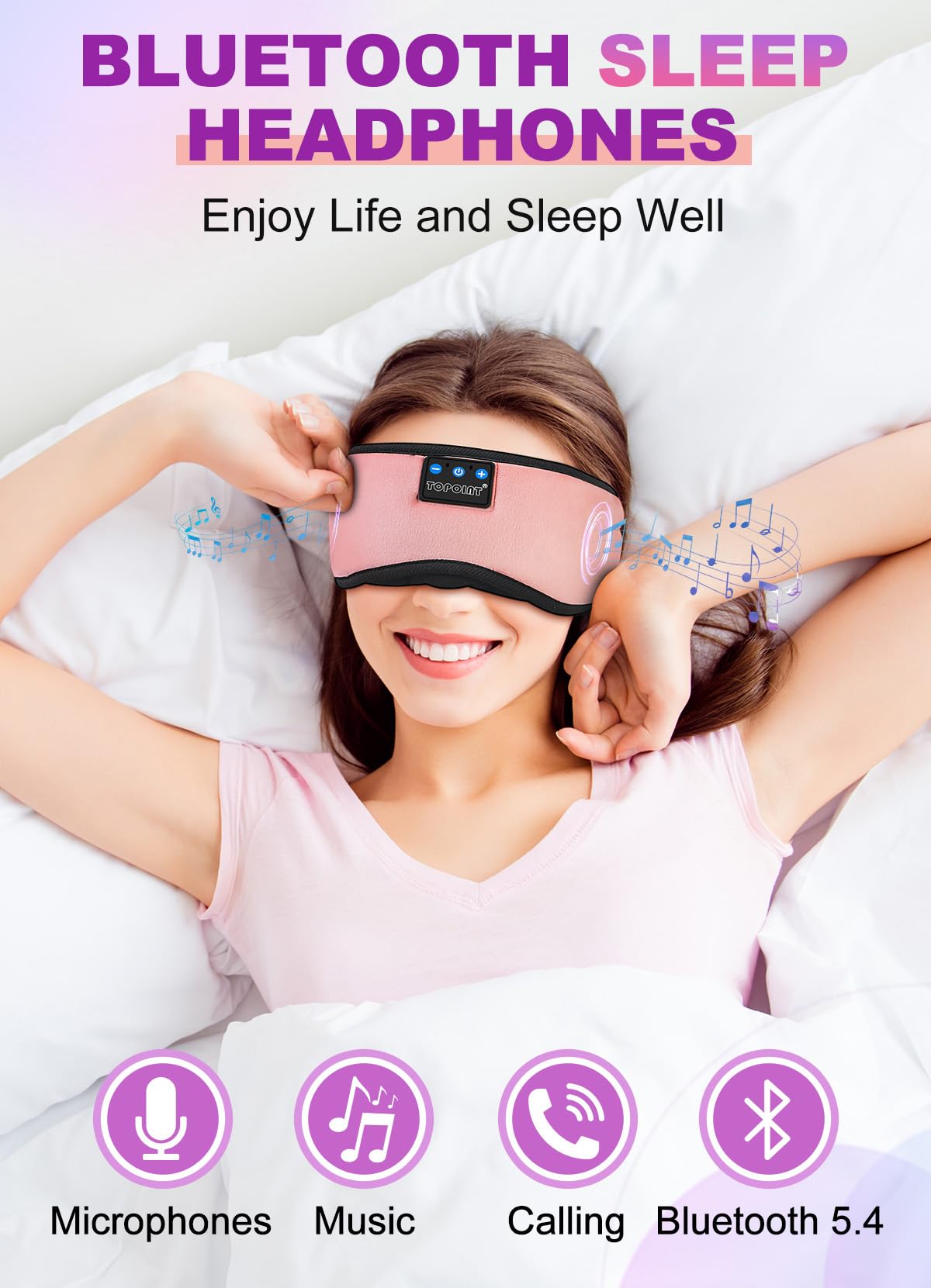 TOPOINT Sleep Mask Headphones Bluetooth 5.2 Wireless, Blackout Eye Mask for Wome - TOPOINT Official Product View 3