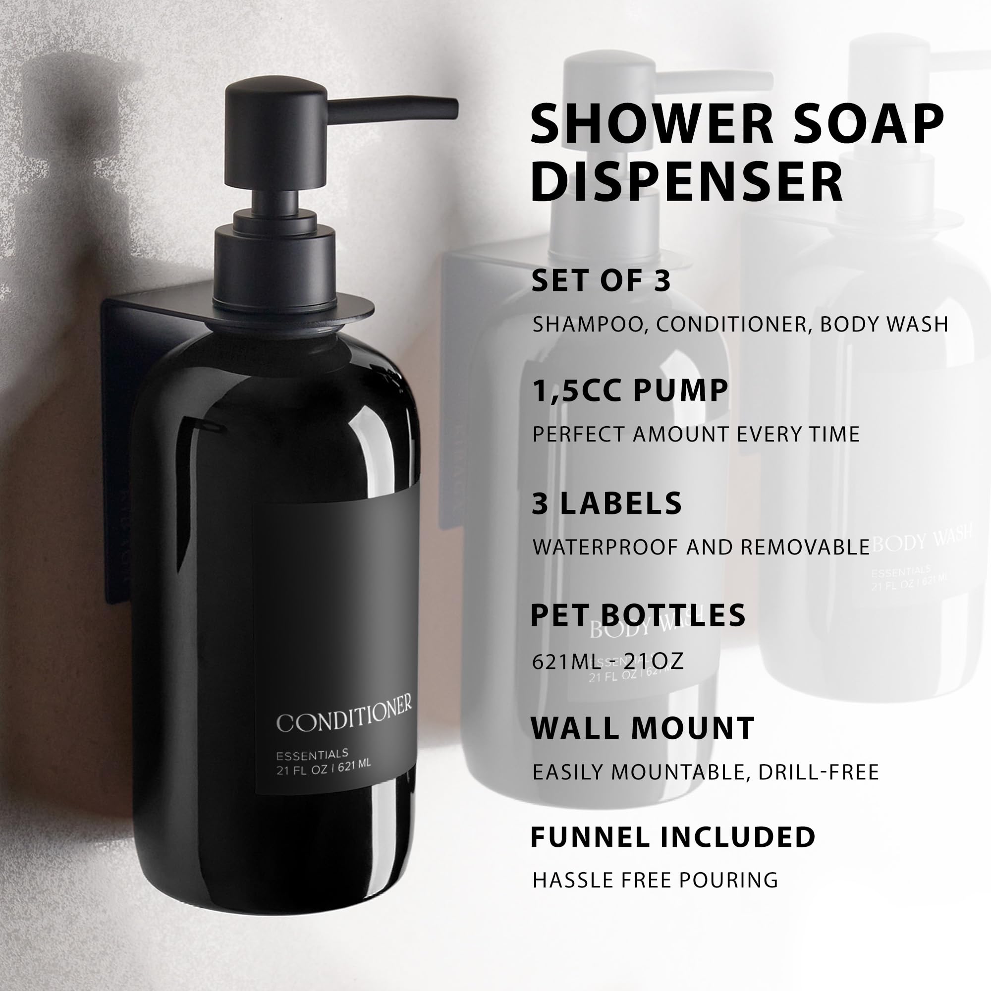 KIBAGA Stylish Shampoo & Conditioner Dispenser Set of 3 - Wall Mo - KIBAGA Official Product View 7