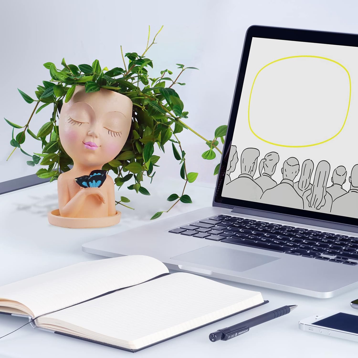 Cute resin face planters for outdoor succulents by WEWEOW, with drainage holes and charming lady face design.