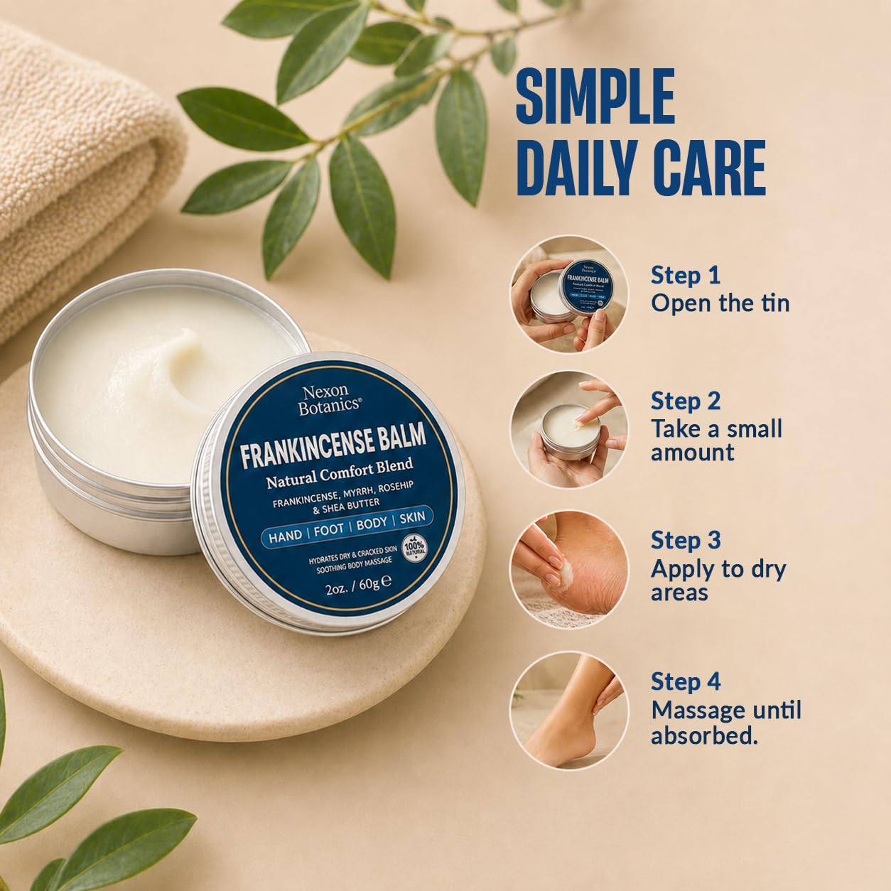 Nexon Botanics Frankincense and Myrrh skin moisturizer balm in a 2 fl oz jar with herbal ingredients and natural packaging.