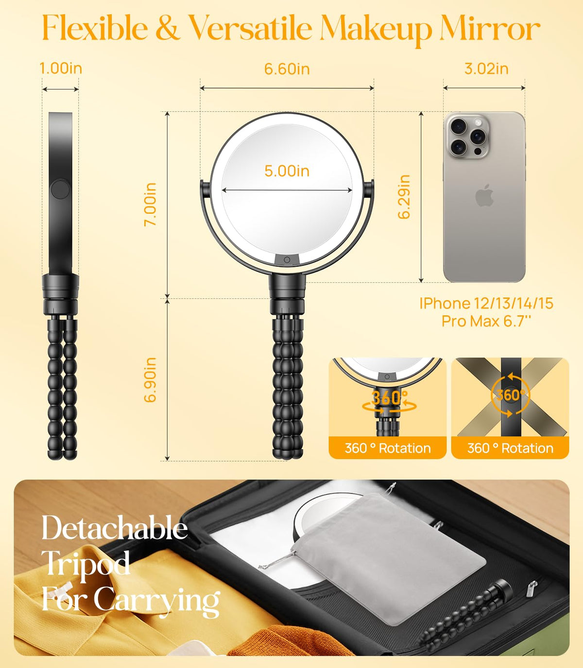 Gospire 5 85 Tripod Travel Makeup Mirror with Light and - Gospire Official Imagery - 3