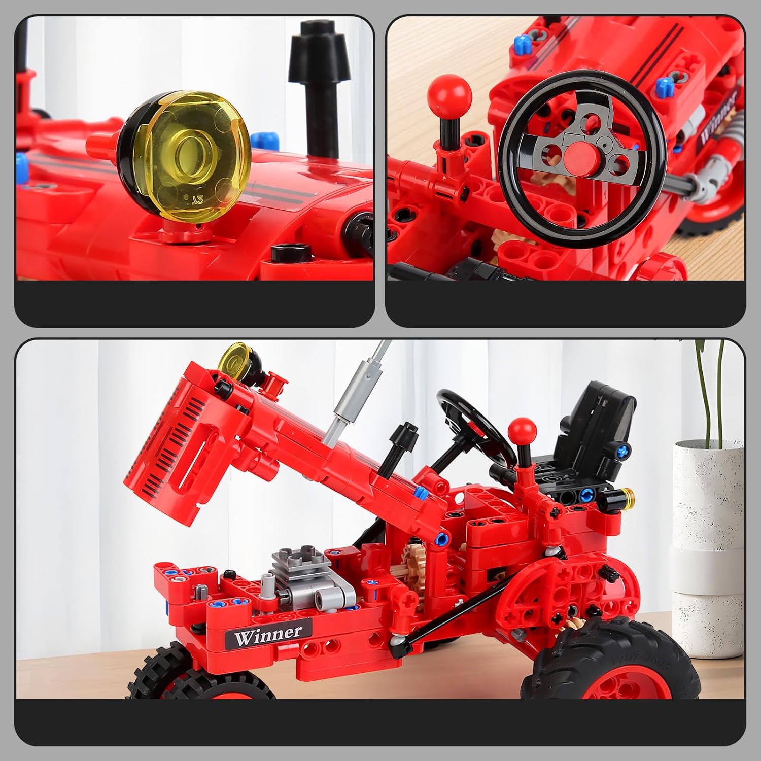 Red tractor building blocks set by WanJJXW featuring farm tractor toy for kids, assembled with red and green plastic bricks.