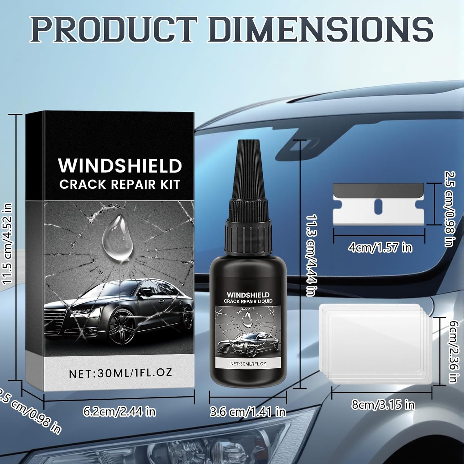 KEBEGE Windshield Crack Repair Kit for DIY quick glass repair, includes tools for fixing cracks and chips on car windshields.