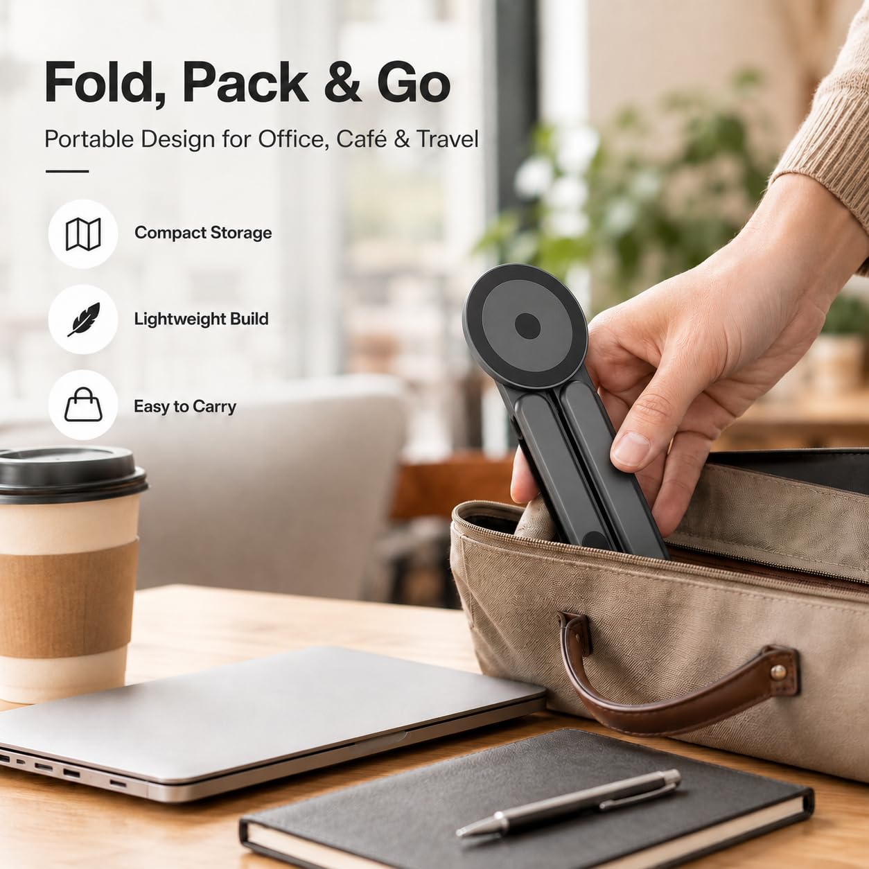 GENTERUN 3-in-1 portable laptop stand with magnetic phone holder, adjustable aluminum riser for MacBook, iPhone, and laptops.