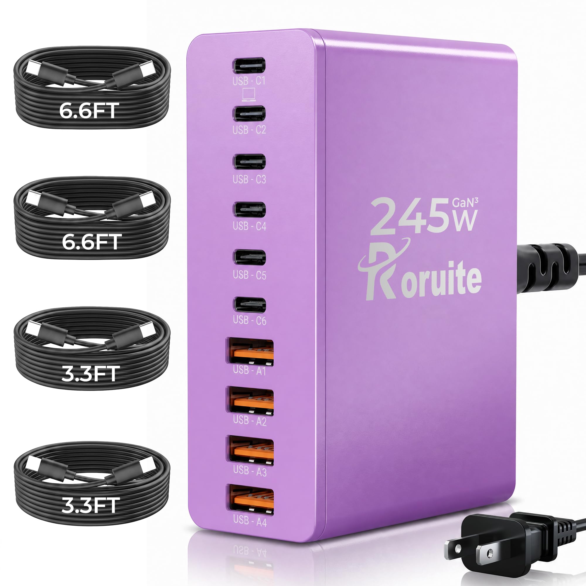 Roruite USB C Charging Station 10 Port with 4 Cables,245W GaN Cha by Roruite - Angle View 9