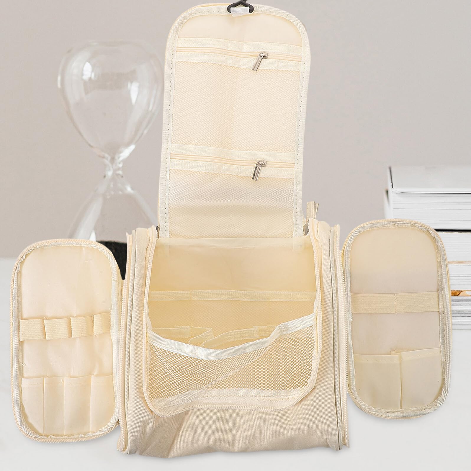 Large beige MUSISALY waterproof cosmetic case with handle, portable travel makeup organizer for toiletries and skin care accessories.