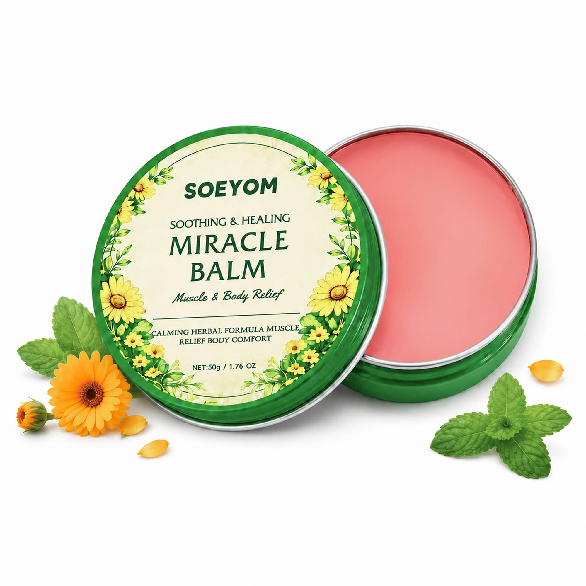 SOEYOM Miracle Balm cooling body and muscle relief moisturizer in 50g jar, designed for soothing skin and muscle discomfort.