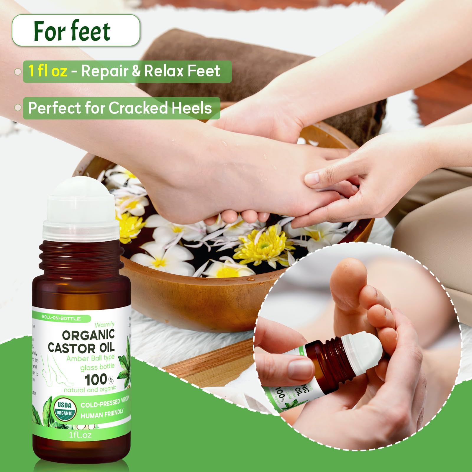 Warmify 6-in-1 castor oil roll-on set for face and body, featuring sleek transparent containers with black caps.