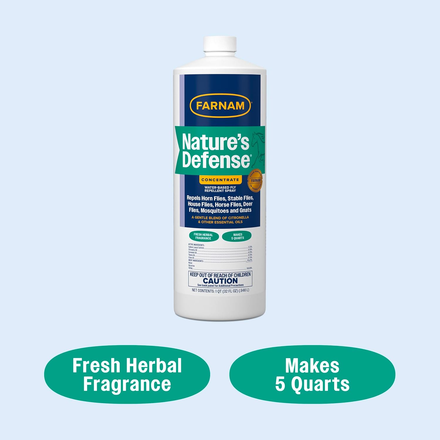 Farnam Nature’s Defense botanical fly repellent concentrate in 32 oz water-based spray bottle, designed for natural insect protection.