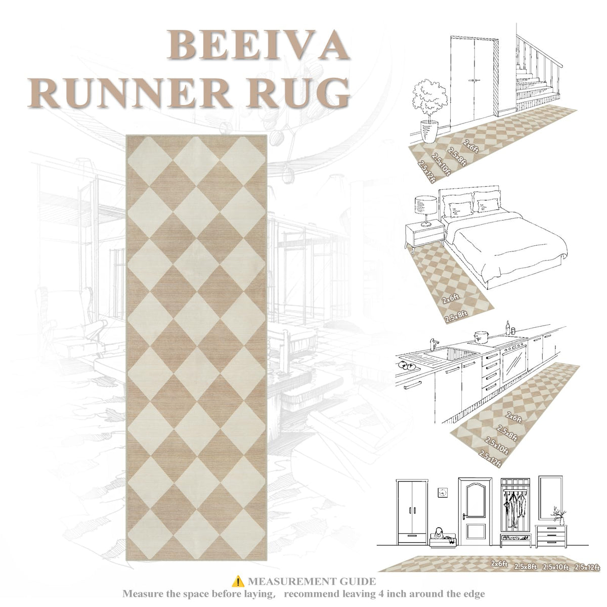 Checkered Print Carpet Runners for Hallway 6ft Beige Ultra - Beeiva Official Imagery - 8