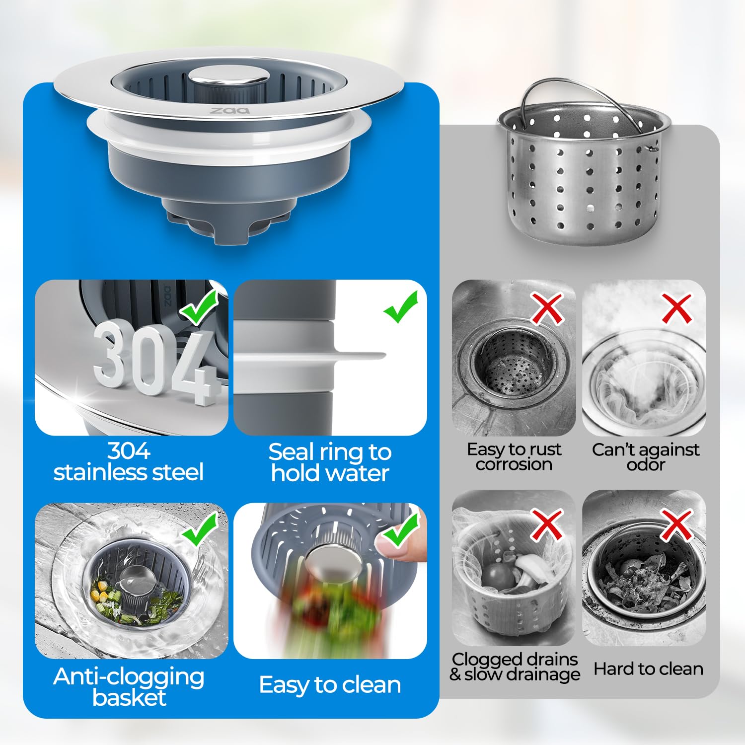 zaa 3 in 1 Kitchen Sink Drain Strainer Stopper Removable Basket P by zaa - Angle View 5