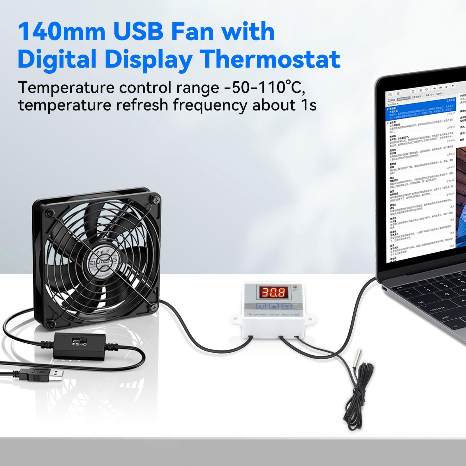 ELUTENG USB Fan 140mm with Digital Temperature Controller, 5V USB Powered PC Com - ELUTENG Official Product View 4