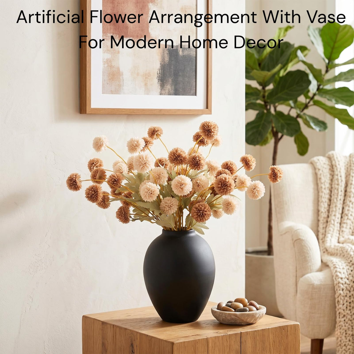 RyddeligHome 12 Stems Fake Mum Flowers with Black Vase for - RyddeligHome Official Imagery - 5