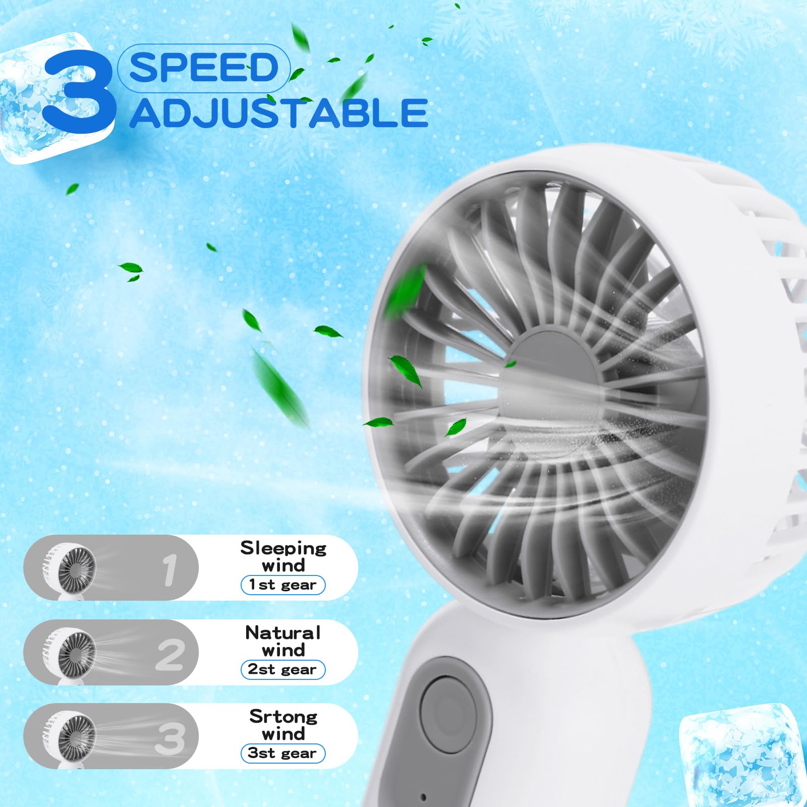 Rossesay 1 Pcs Mini Portable Fan 3 Speed Rechargeable, White - View 4