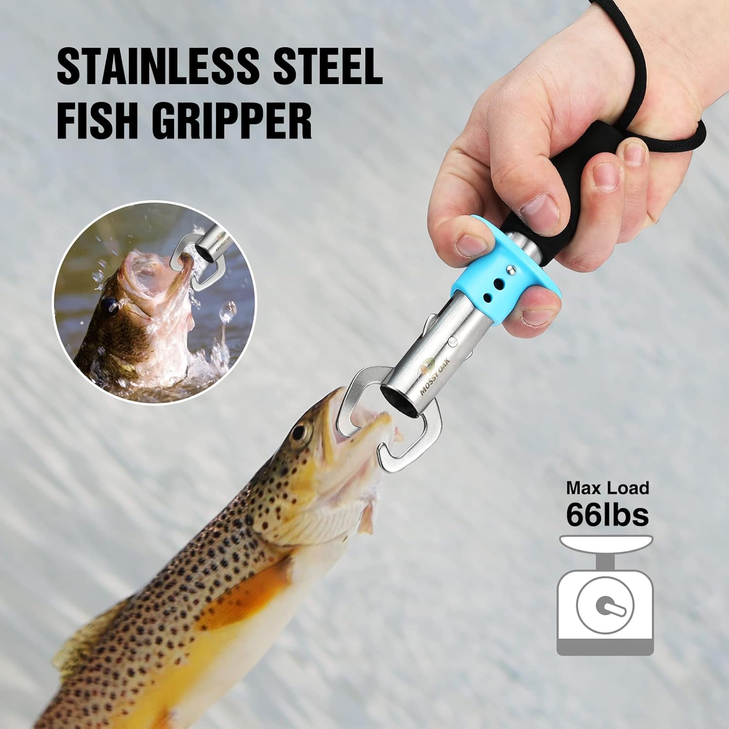 Mossy Oak fishing tools kit with fishing plier, fish lip gripper, and multifunctional fishing hook tools on a white background.
