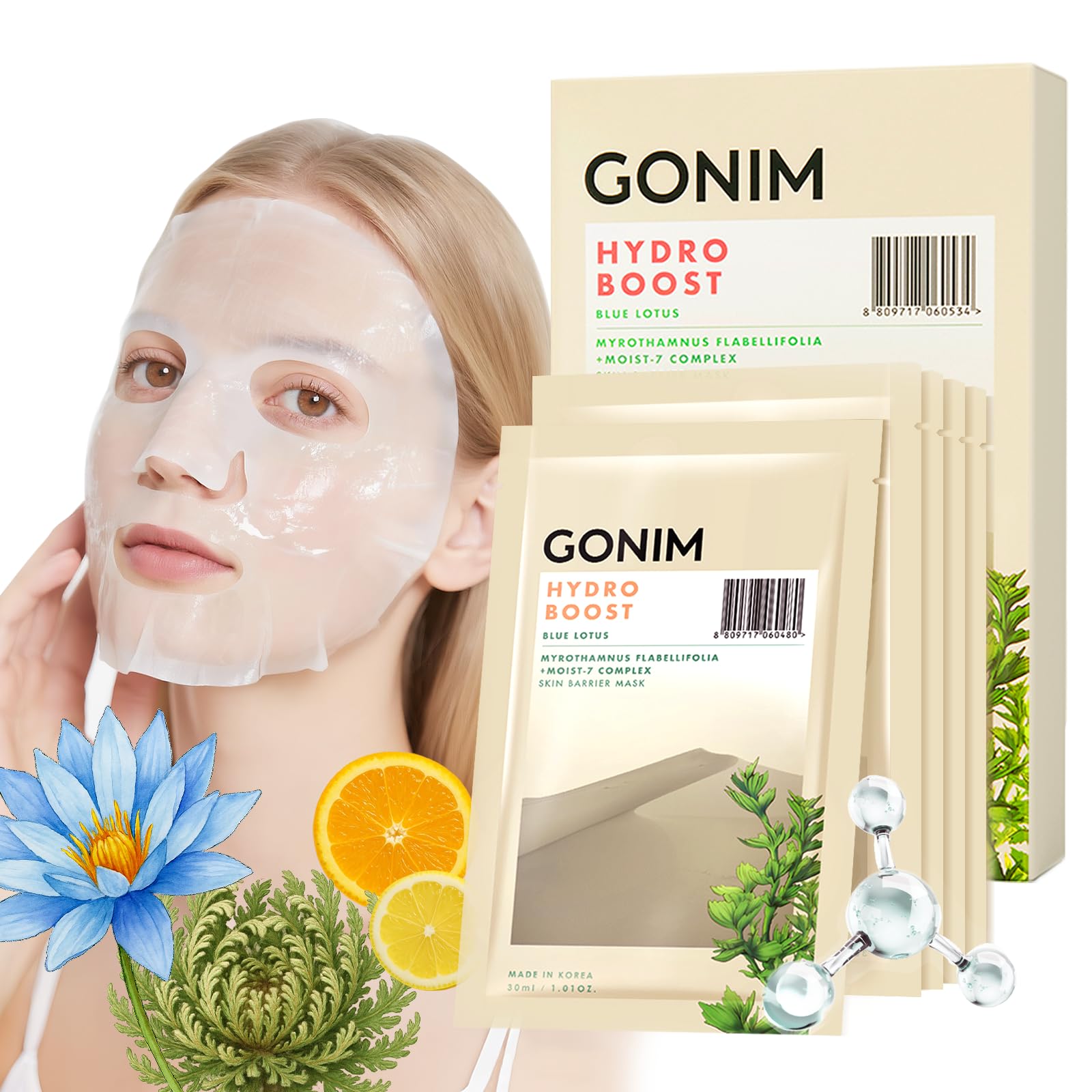 Korean Face Mask, Hydrating Sheet Mask with Hyaluronic Acid Serum - GONIM