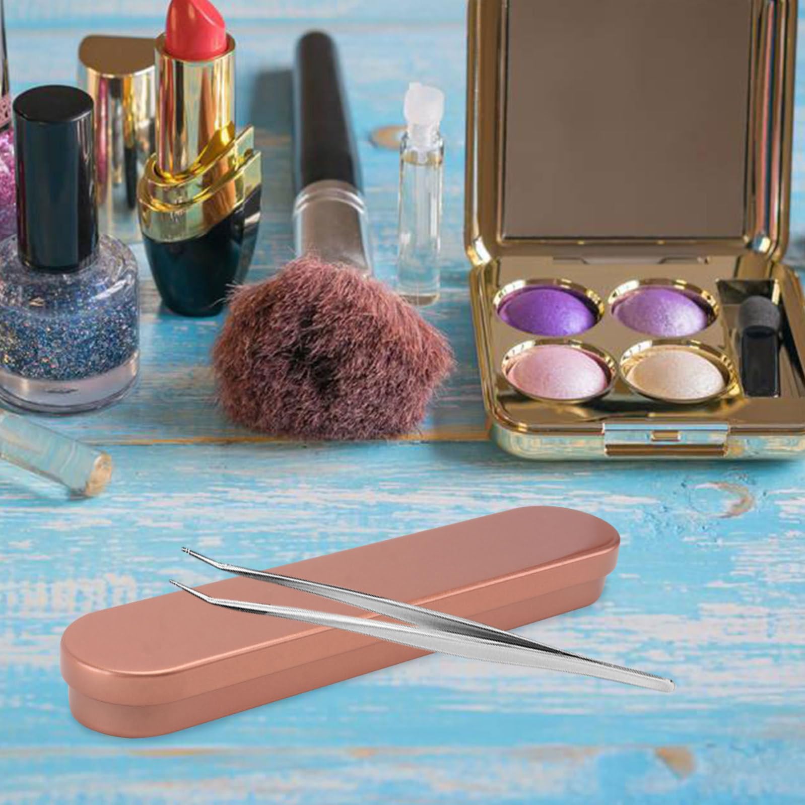 PRETYZOOM 5-piece eyelash extension tweezers storage box with dual compartments, portable metal makeup tool organizer case.