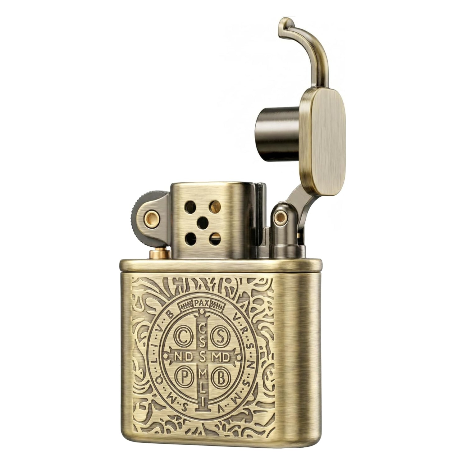 Vintage KUBOY brass kerosene lighter with antique style and silicone sealing, detailed close-up of solid brass body.