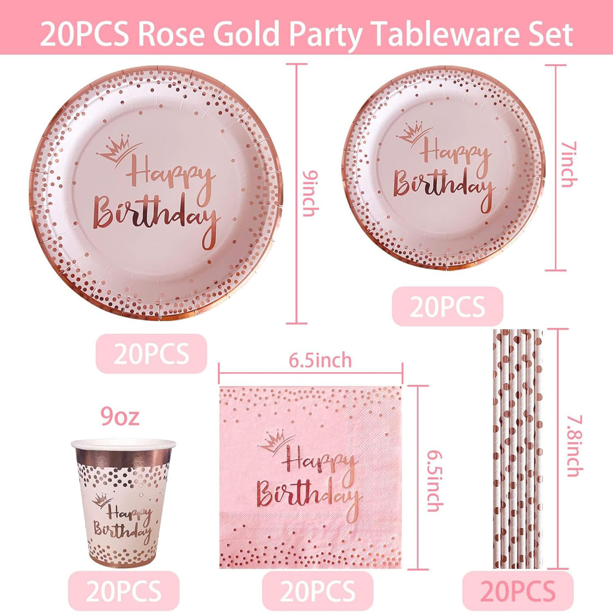 100 Pieces Pink Rose Gold Birthday Decorations Supplies Rose - Jouwaiwe Official Imagery - 4