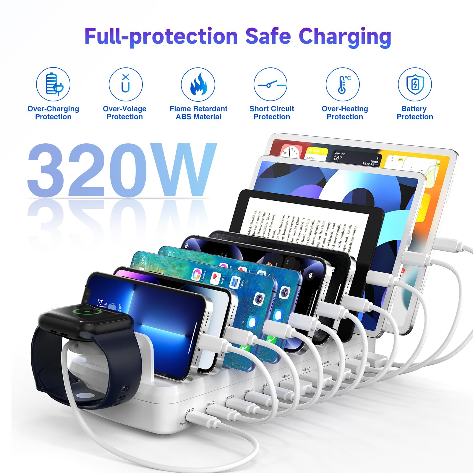320W Charging Station for Multiple Devices, 10 Ports Fast Multi-Device Charger Organizer Compatible with MacBook Pro Laptop, iPhone, Android, Ipad, Tablet, Kindle, Family Multi-Device Charging Dock