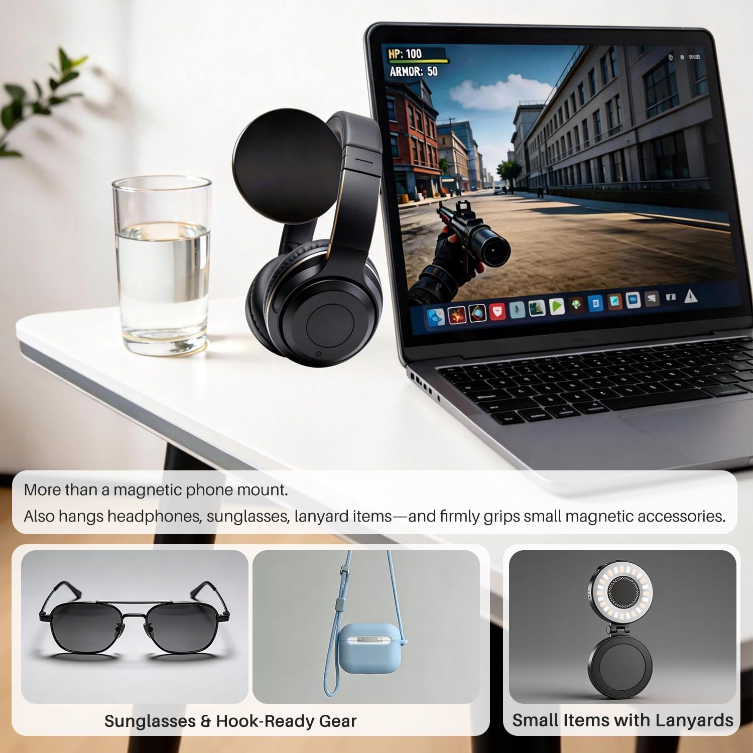 Jkoailiwi Magnetic Laptop Phone Holder Mount for Dual Screen, 180° Adjustable Edge Computer Phone Holder for Monitor's Top and Side, Extended Laptop Stand Accessories for iPhone 12-17 All Phones