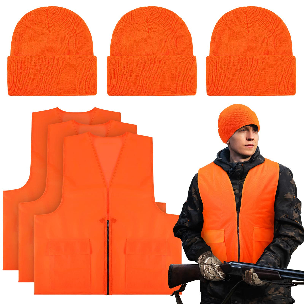 6 Pcs Blaze Orange Vest Hunting Hat Vest and Cap - Jiuguva Official Imagery - 1
