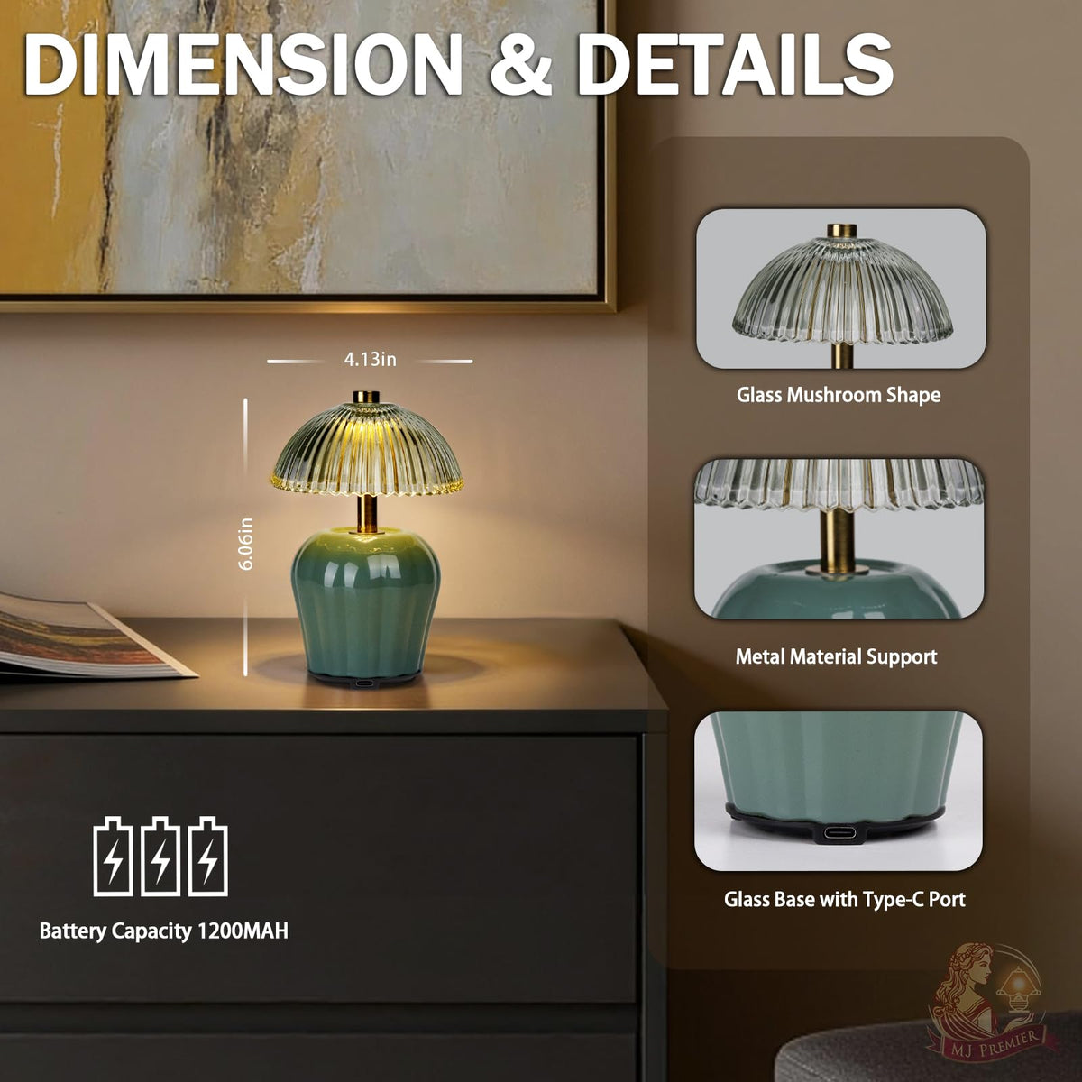 MJ PREMIER Rechargeable Table Lamp Small Cordless Lamp with - MJ PREMIER Official Imagery - 5