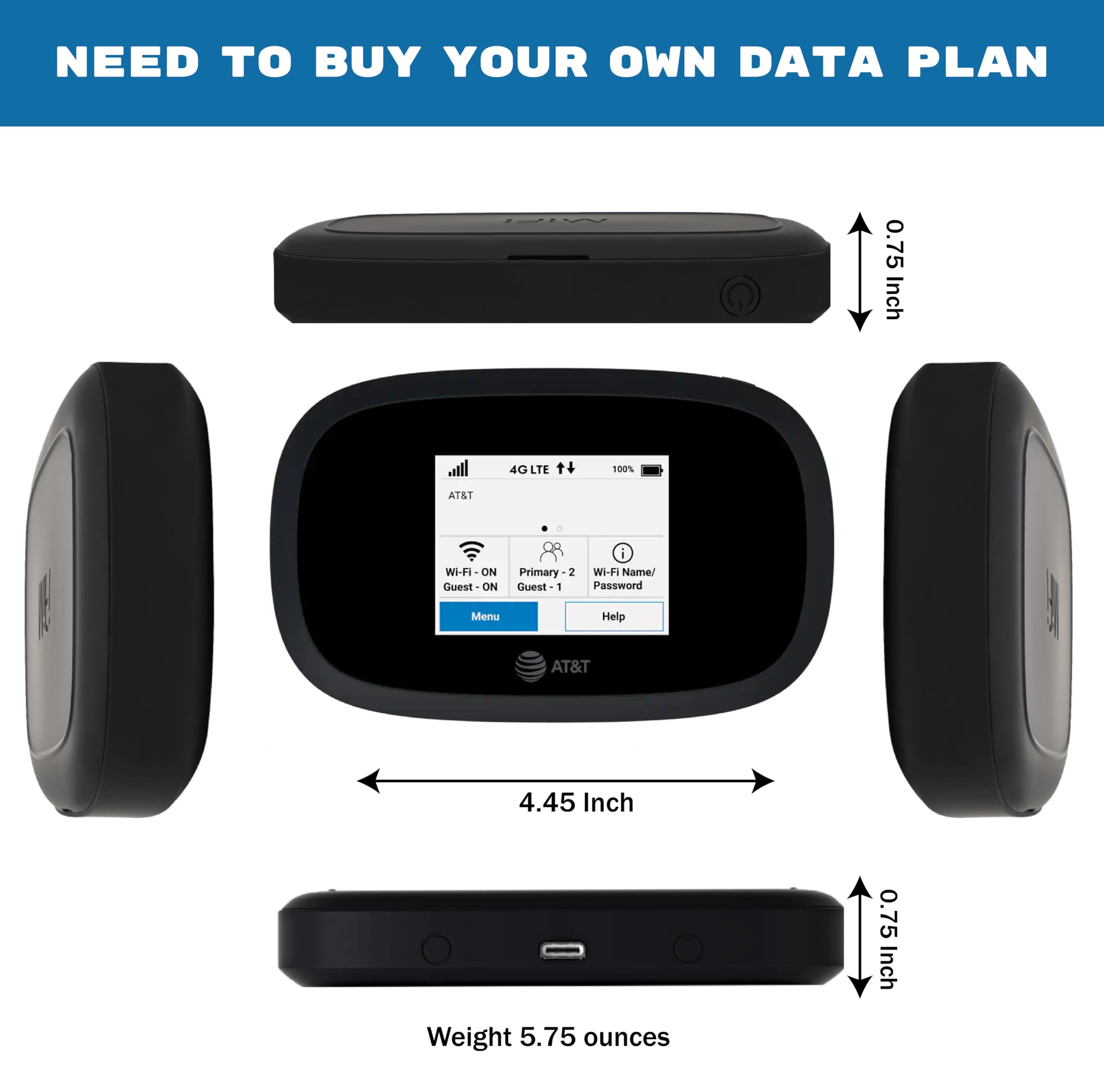 EVDO-LINK AT&T Wireless Hotspot Pocket WiFi 4G LTE MiFi 8000 with VPN, portable mobile WiFi device displaying screen and antennas
