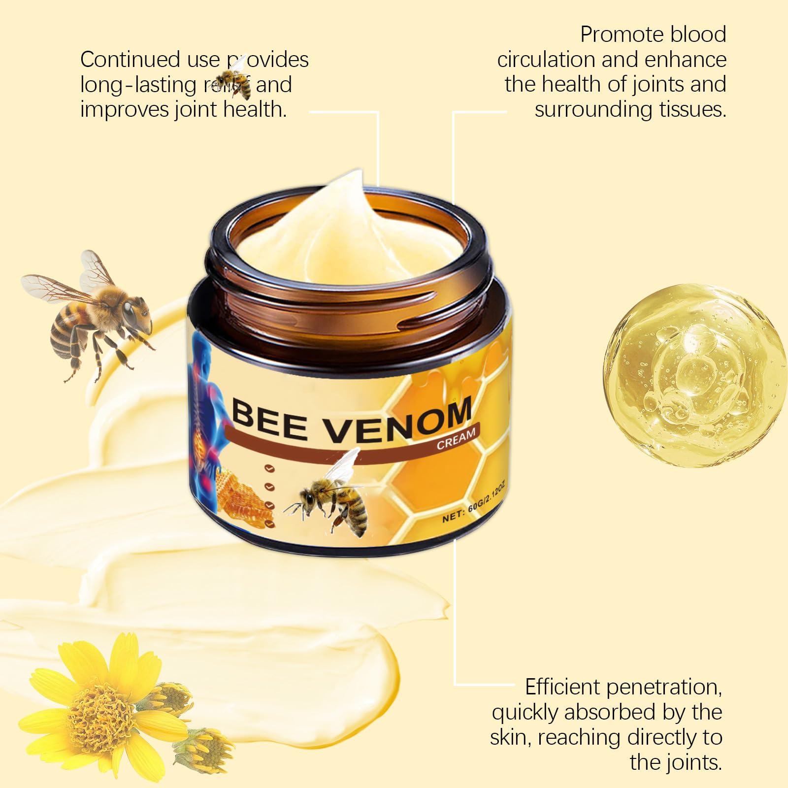 OSFRIAGE Bee Venom Joint Gel 60g for back, knee, and neck pain relief, two tubes of skin moisturizer in the image.
