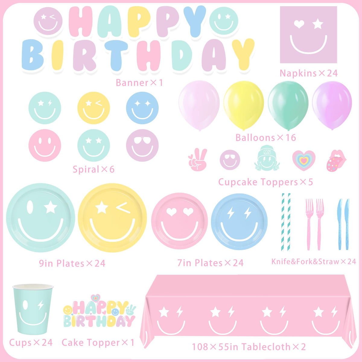 199PCS Smiley Face Birthday Decorations Smile Pastel Themed - HUIYANFSY Official Imagery - 3