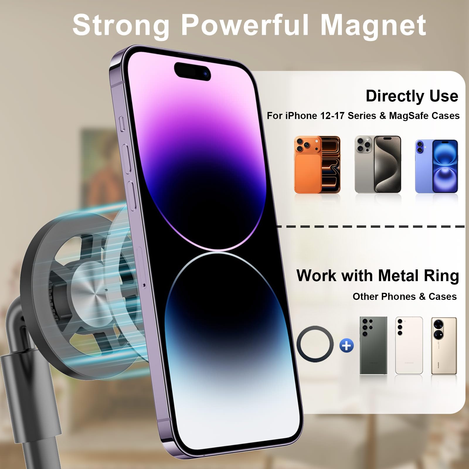 LenTok magnetic neck phone holder for iPhone, hands-free portable stand for reading, watching videos, and recording around the neck.