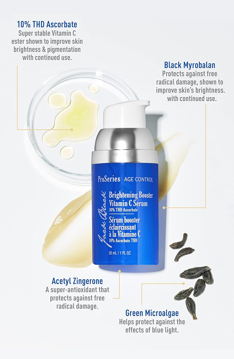 Elefair Jack Black Brightening Booster Vitamin C Serum in 1 oz. bottle, with dropper and vibrant orange accents.